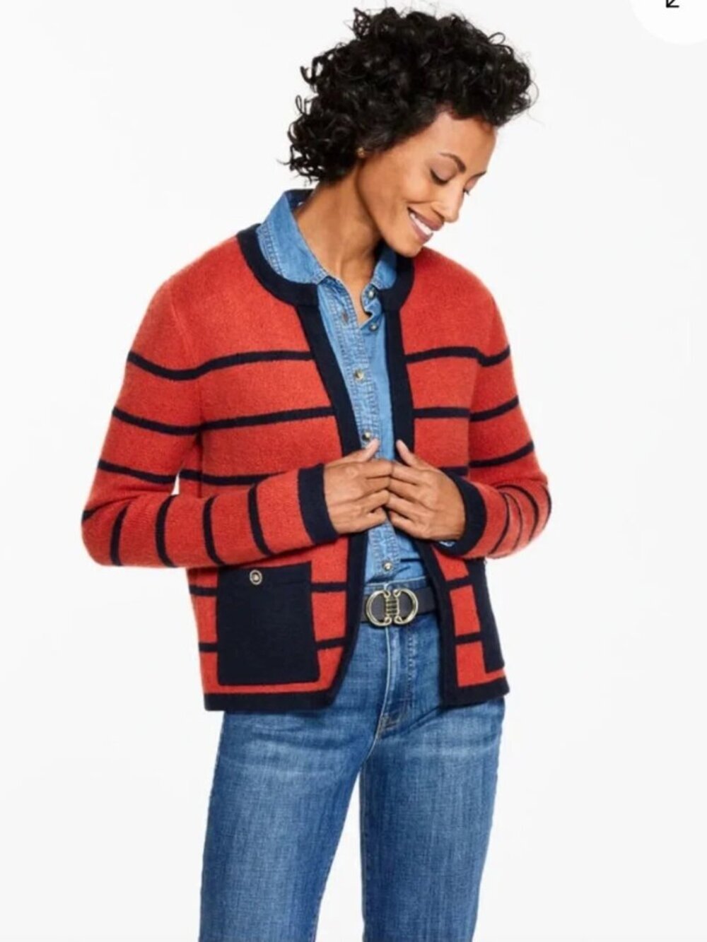 Talbots Red & Navy Striped Women's Cardigan Sweater Cotton Wool Blend Size L